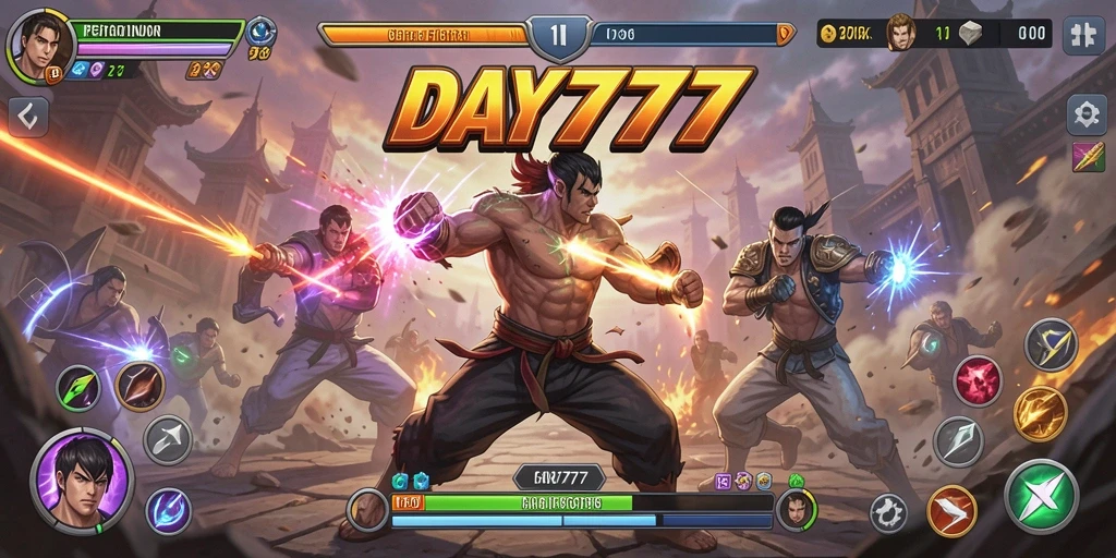 Tangkapan layar gameplay DAY777 menunjukkan pertarungan yang seru dan intens.
