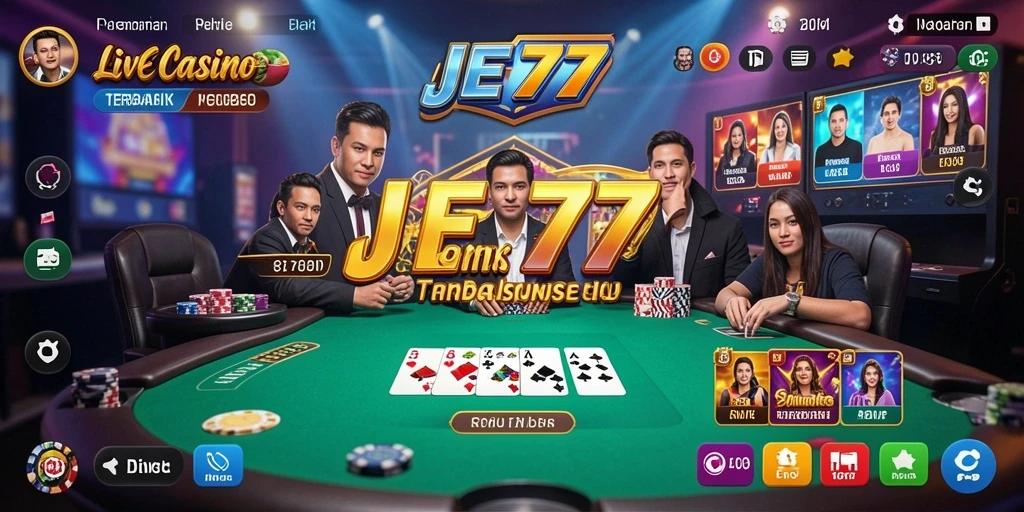 Screenshot gameplay JET77 menampilkan dealer langsung dan permainan kasino yang mendebarkan.