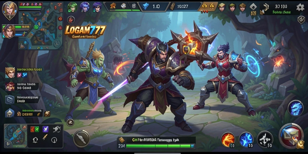 Screenshot dari gameplay LOGAM777 yang menunjukkan aksi pertempuran intens di arena MOBA.
