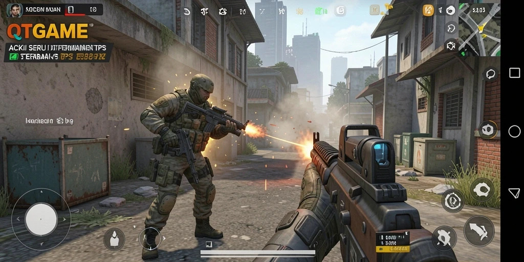 Screenshot gameplay QTGAME menampilkan aksi mendebarkan di peta terbuka.