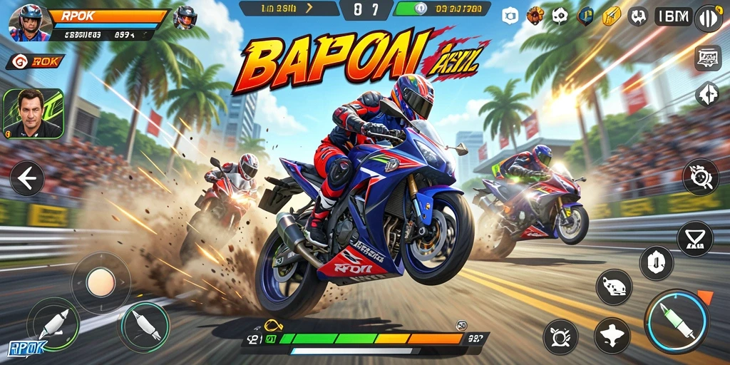 Gameplay RPOK yang menegangkan dengan motor balap yang cepat.