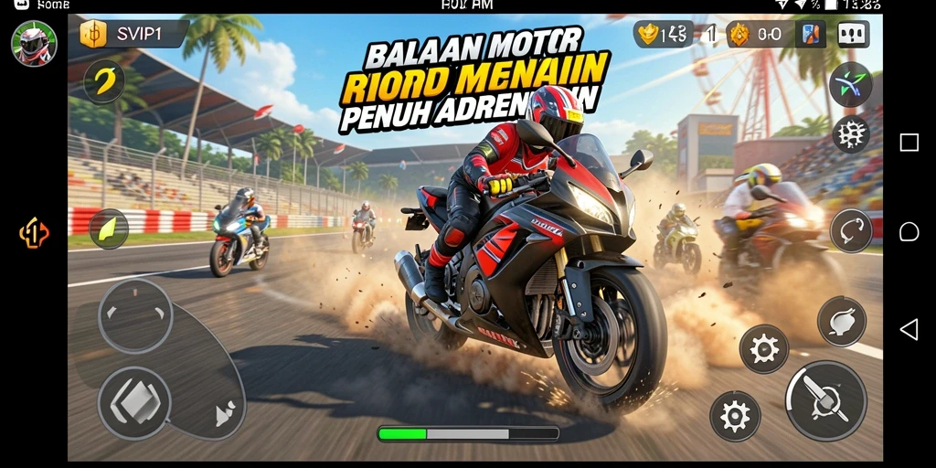 Screenshot utama SVIP1 menampilkan aksi balap motor yang menegangkan.