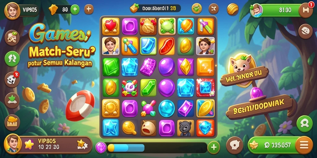 Tampilan screenshot gameplay Match-3 yang menarik dan colorful.